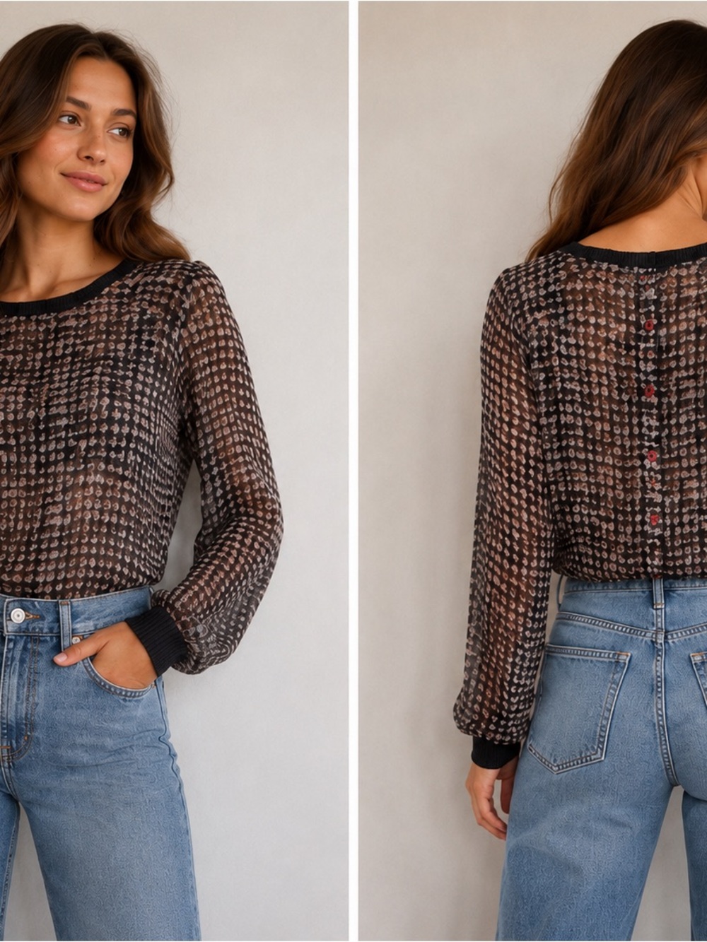 Pleione Brown and Black Houndstooth Sheer Long Sleeve Top
